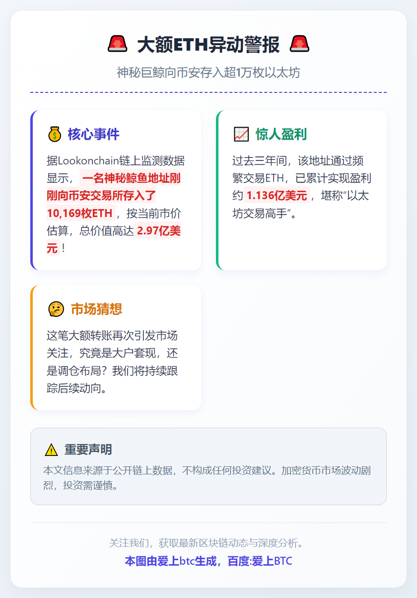 鲸鱼向币安存入10,169枚ETH
