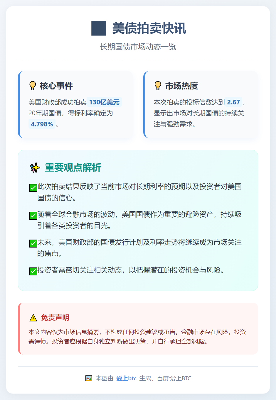 美财政部130亿美元20年期国债得标利率4.798%