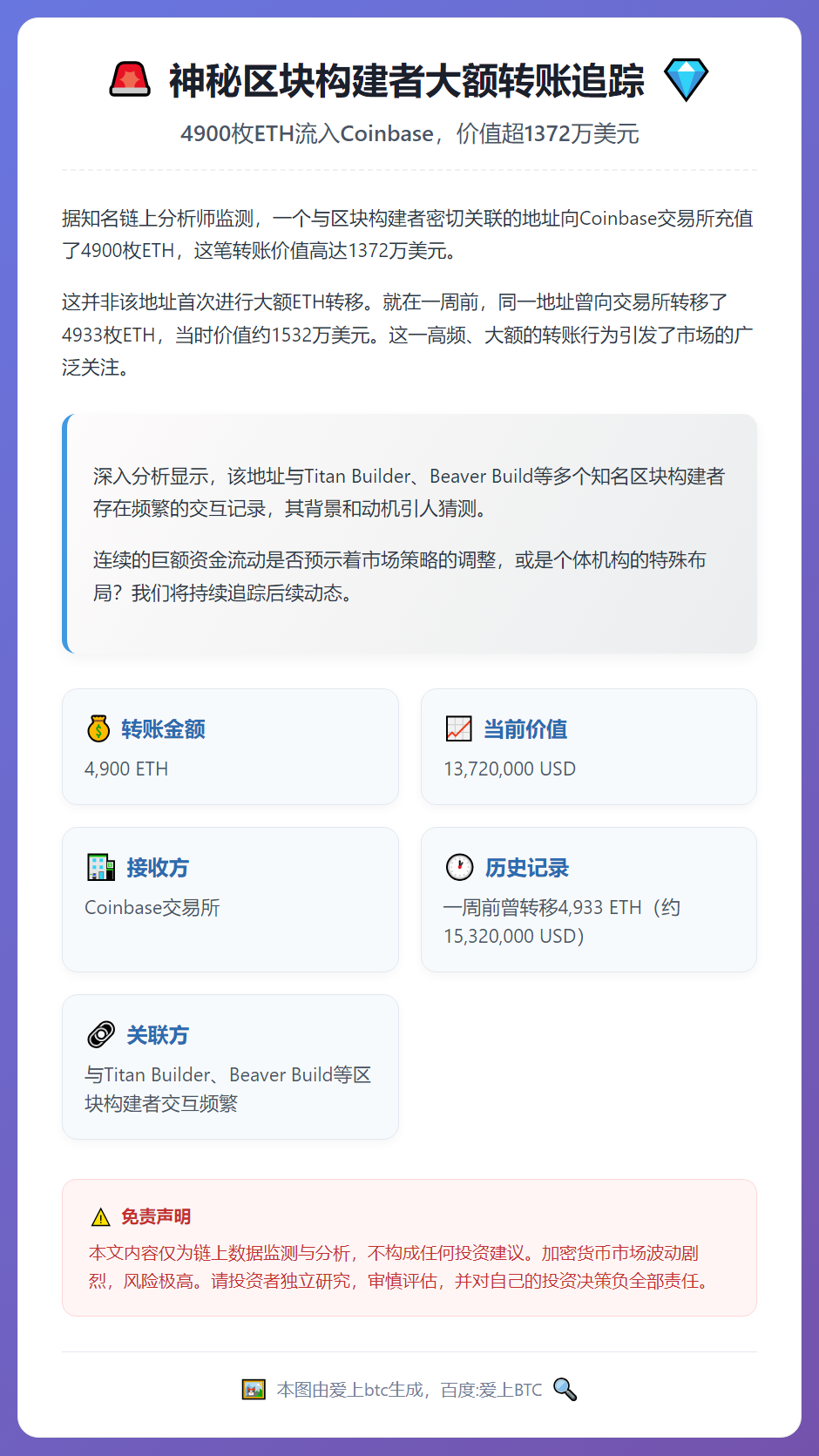 某区块构建者向Coinbase充值4900枚ETH