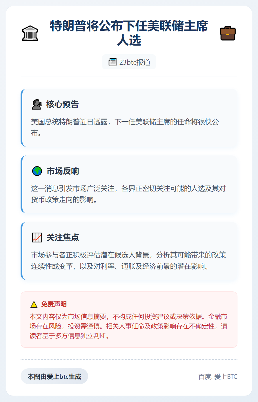 特朗普将公布下任美联储主席人选
