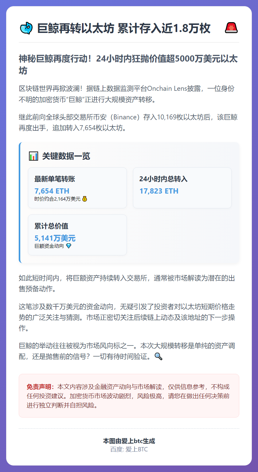 巨鲸再转以太坊 累计存入近1.8万枚