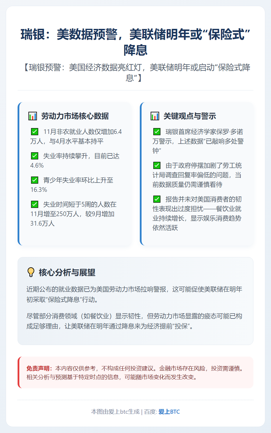 瑞银：美数据预警，美联储明年或“保险式”降息