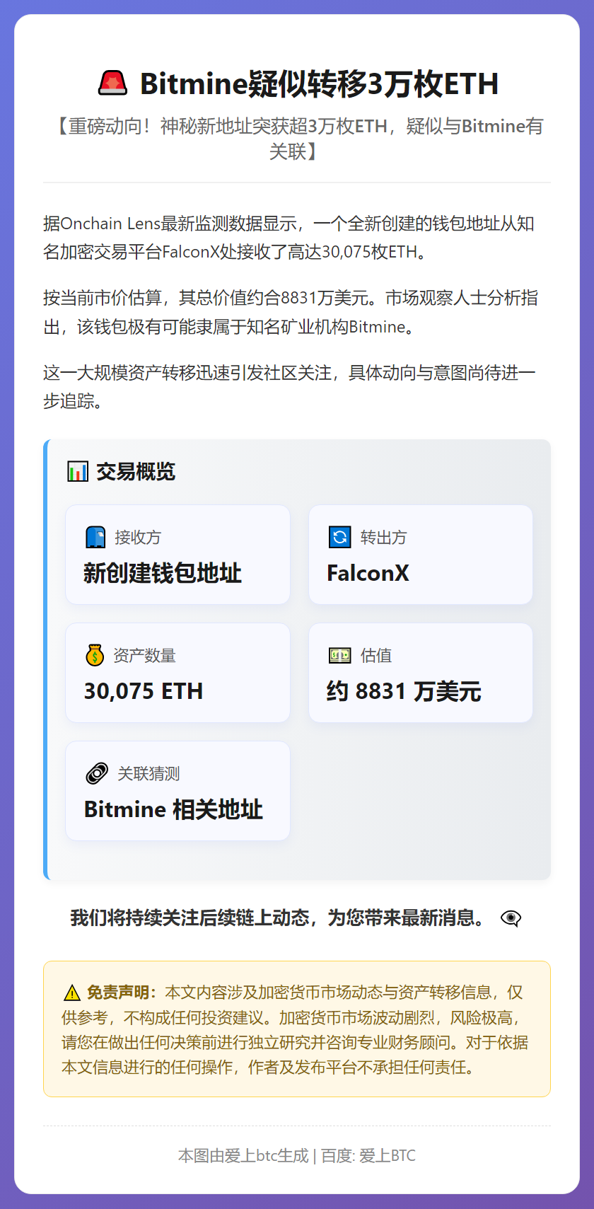 Bitmine疑似转移3万枚ETH