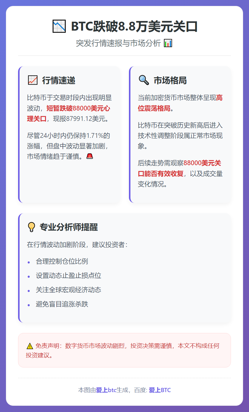 BTC跌破8.8万美元