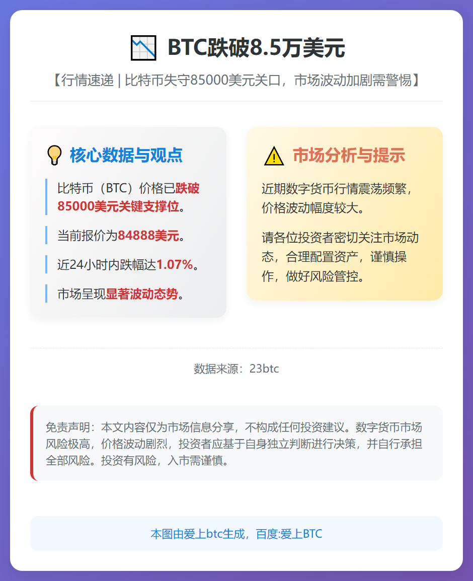 BTC跌破8.5万美元