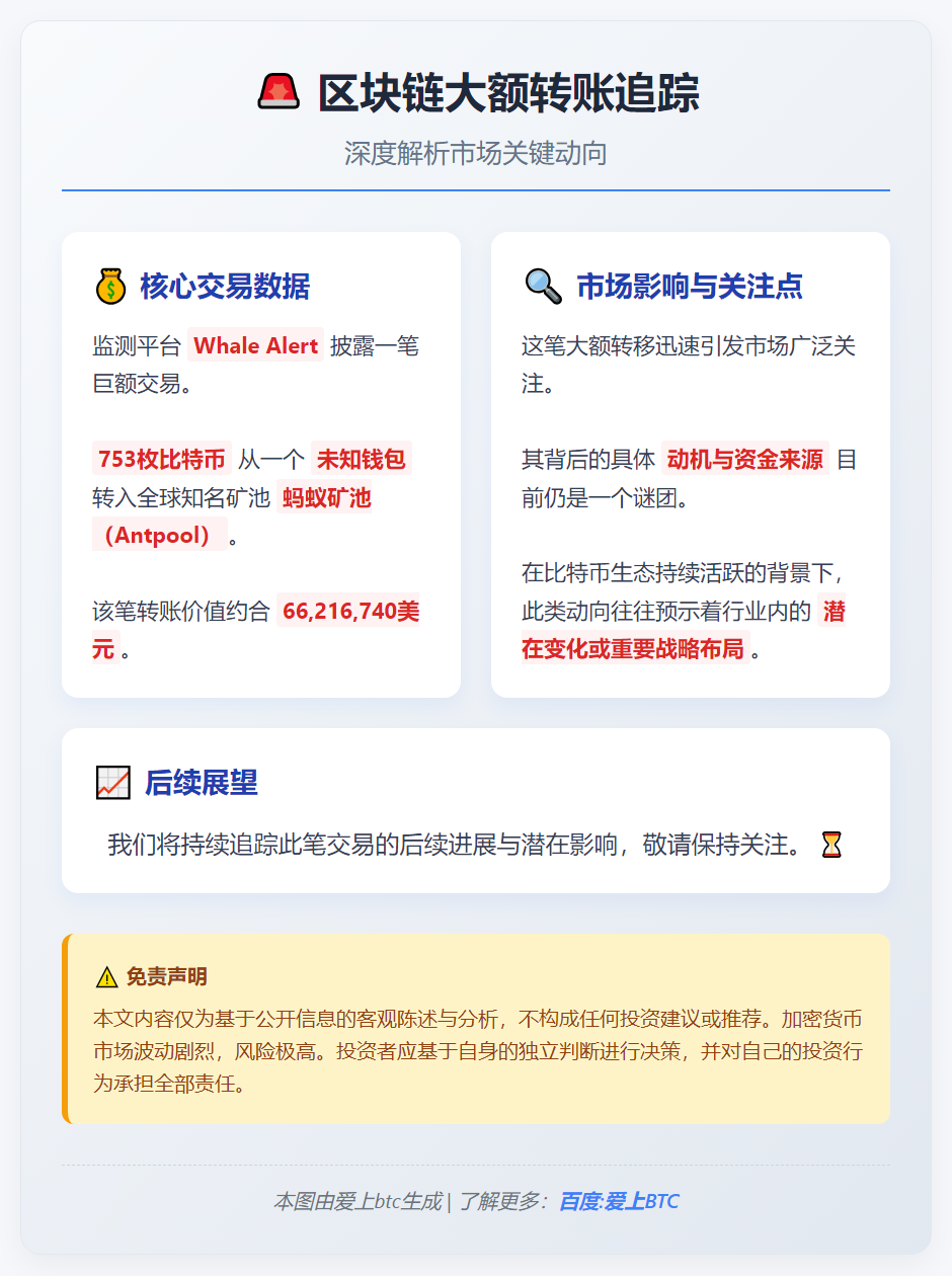 753枚比特币转入蚂蚁矿池