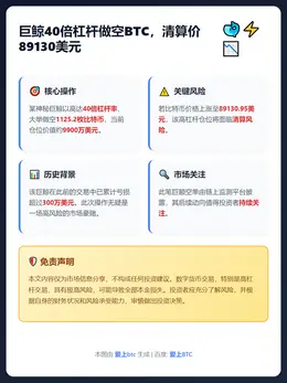 巨鲸40倍杠杆做空BTC，清算价89130美元