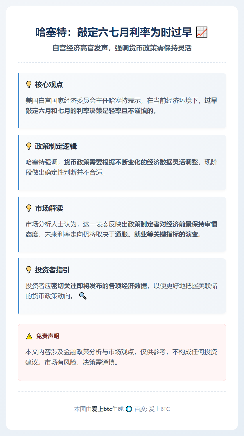 哈塞特：敲定六七月利率为时过早