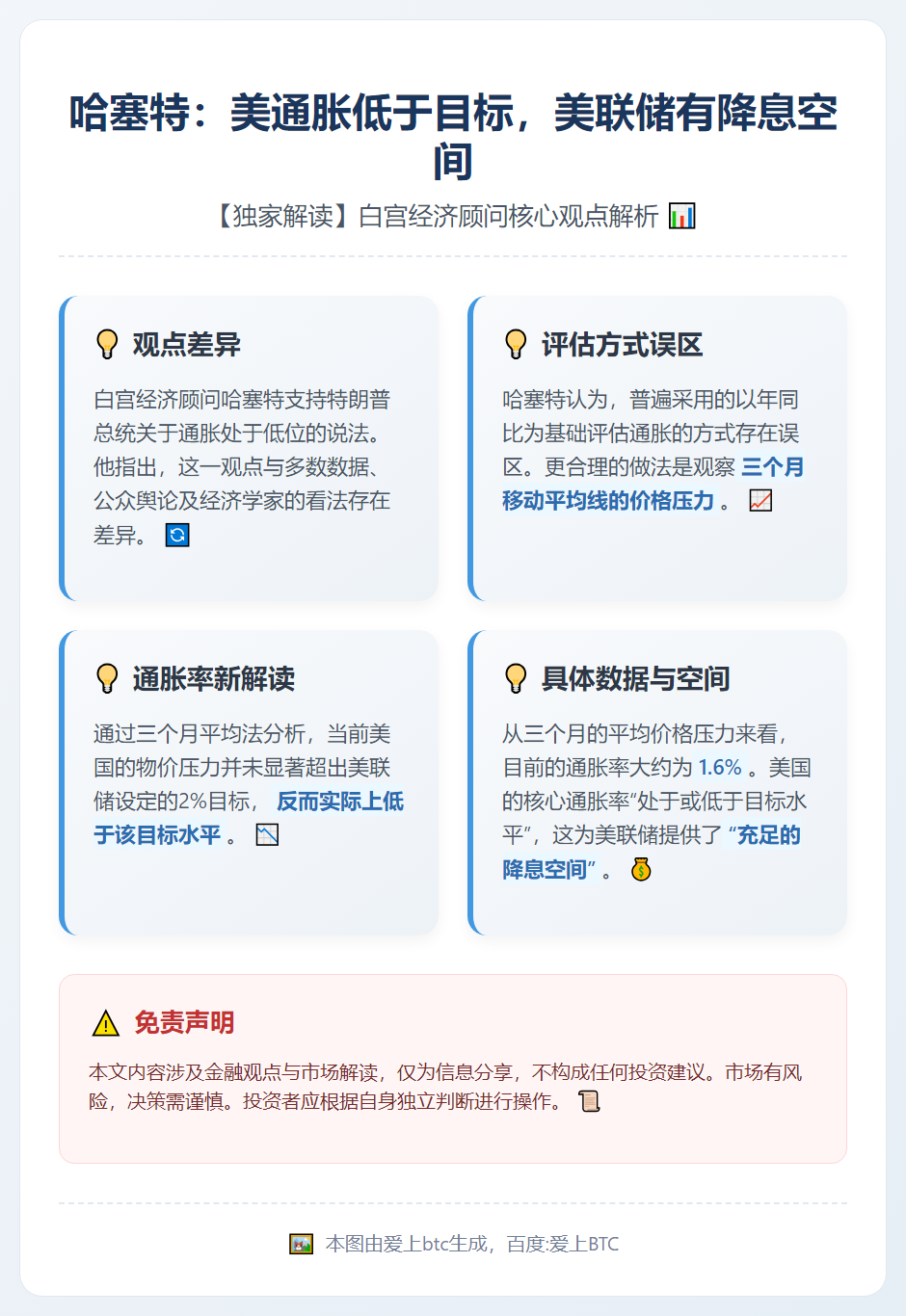 哈塞特：美通胀低于目标，美联储有降息空间