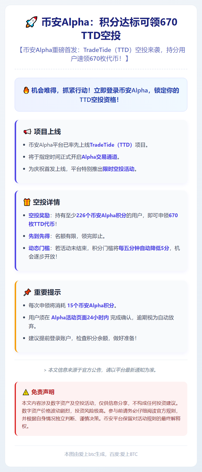 币安Alpha：积分达标可领670 TTD空投