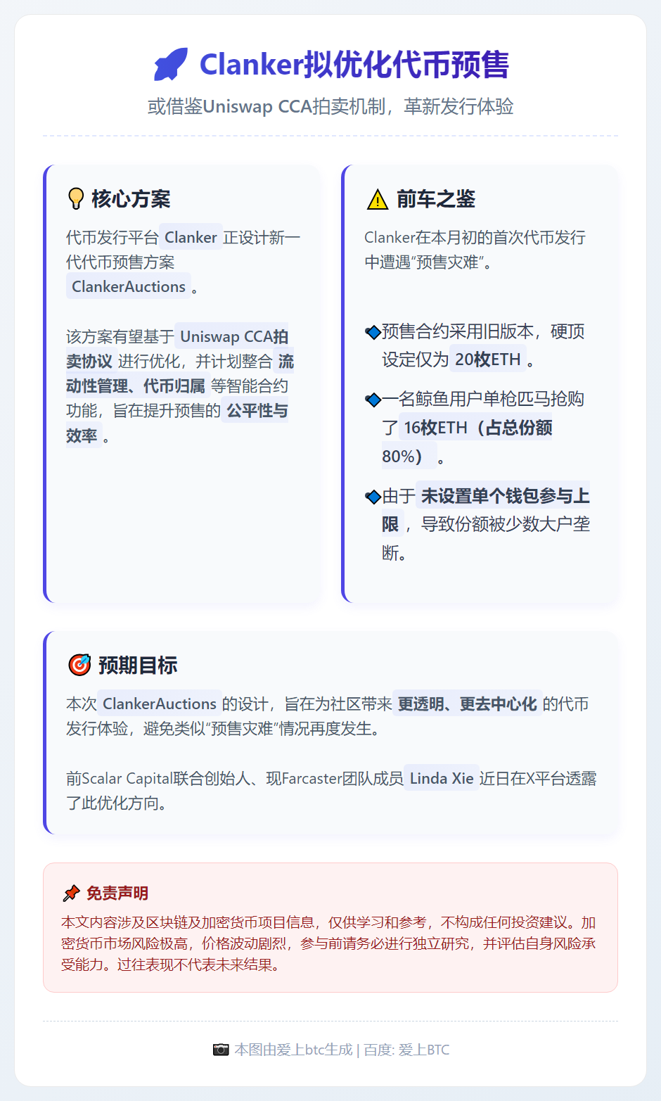 Clanker拟优化代币预售，或借鉴Uniswap CCA拍