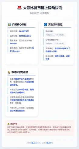 64.48枚BTC经匿名地址转入币安