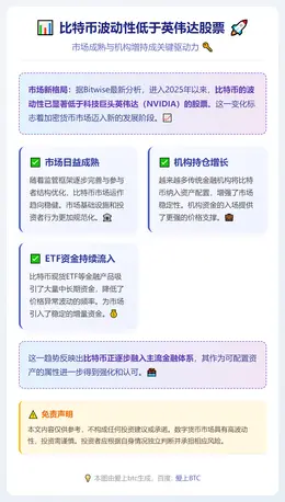 比特币波动性低于英伟达股票，市场成熟与机构增持成关键