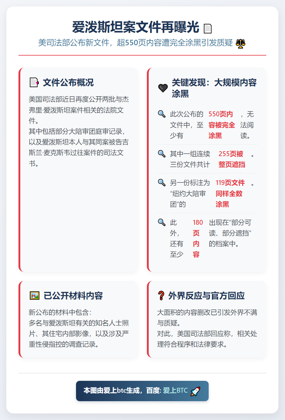 爱泼斯坦案再曝文件 550余页遭涂黑