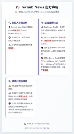 Techub News澄清创始人Alma与Central R