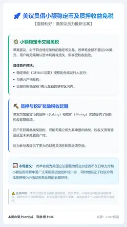 美议员倡小额稳定币及质押收益免税