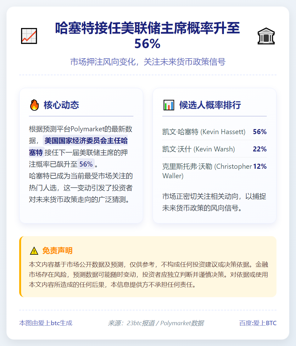 哈塞特接任美联储主席概率升至56%