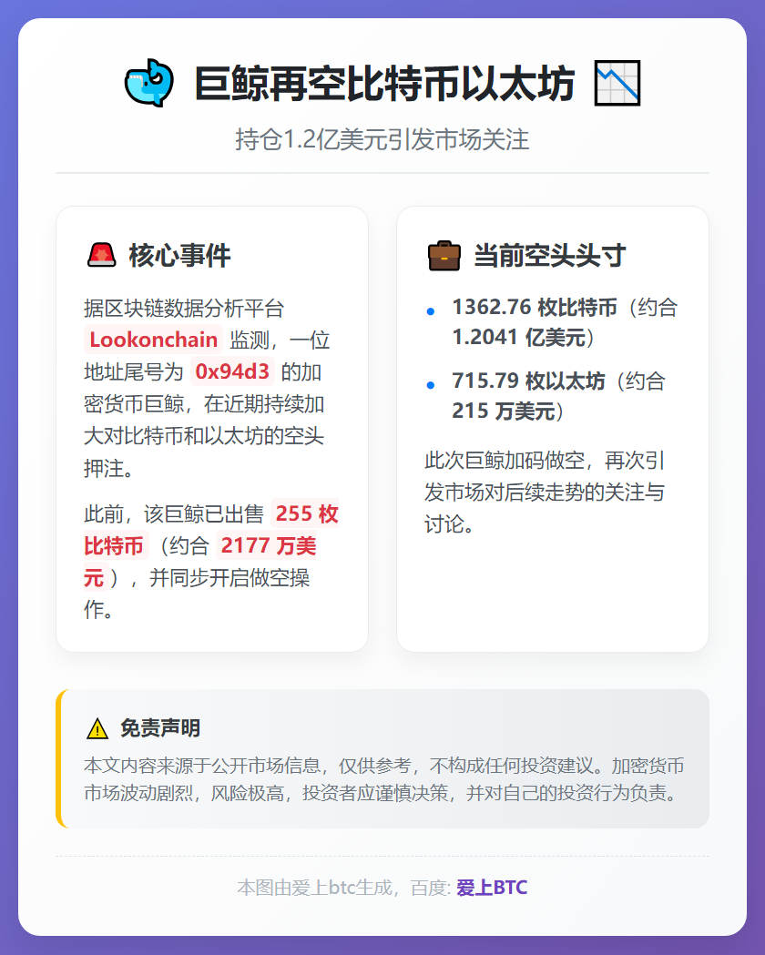 巨鲸再空比特币以太坊，持仓1.2亿美元