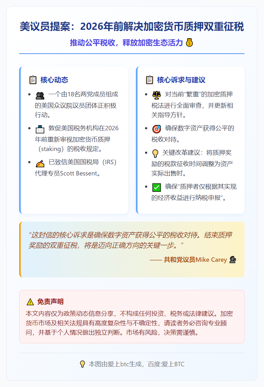 美议员提案：2026年前解决加密货币质押双重征税