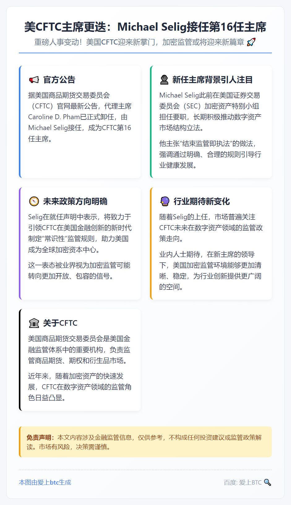 美CFTC主席更迭：Michael Selig接任第16任主