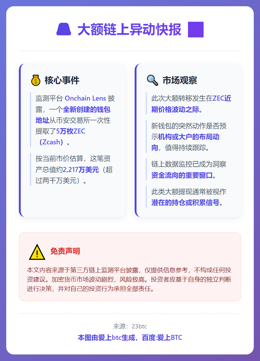 币安转出5万枚ZEC，价值超两千万美元