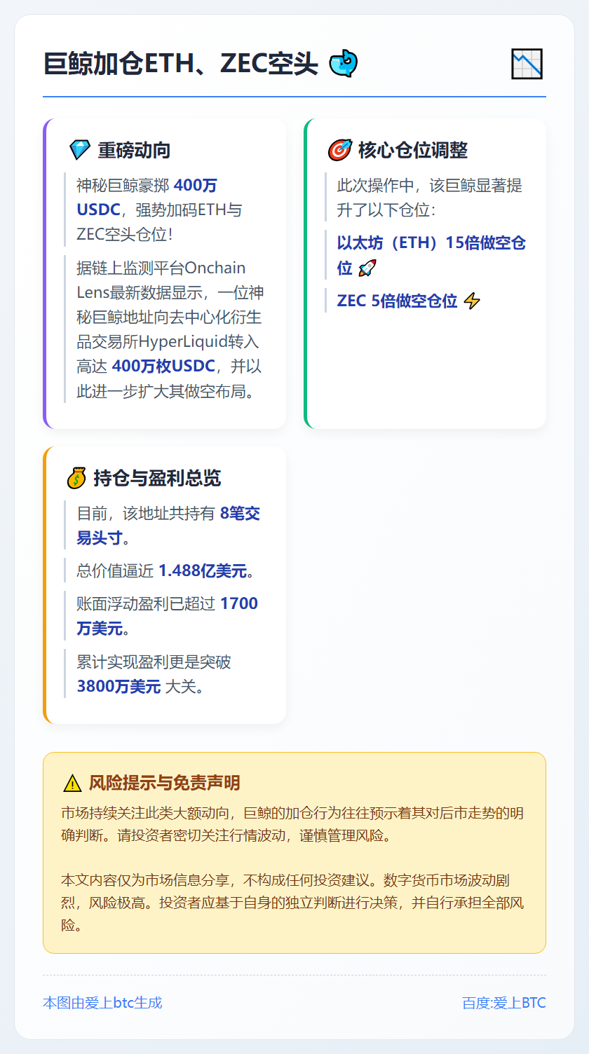 巨鲸加仓ETH、ZEC空头