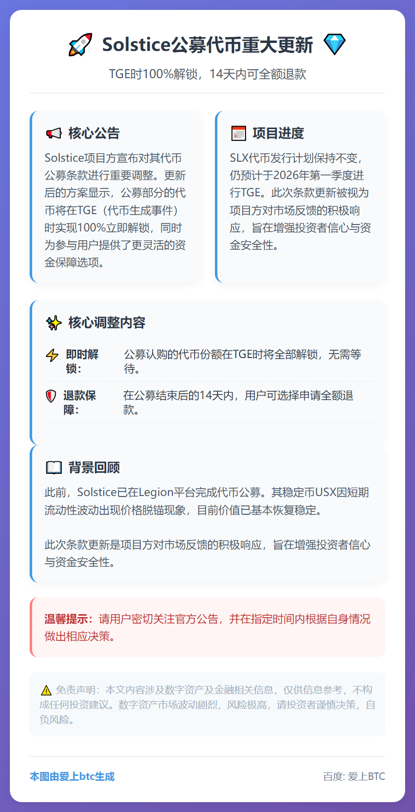 Solstice公募代币TGE时100%解锁，14天内可全额
