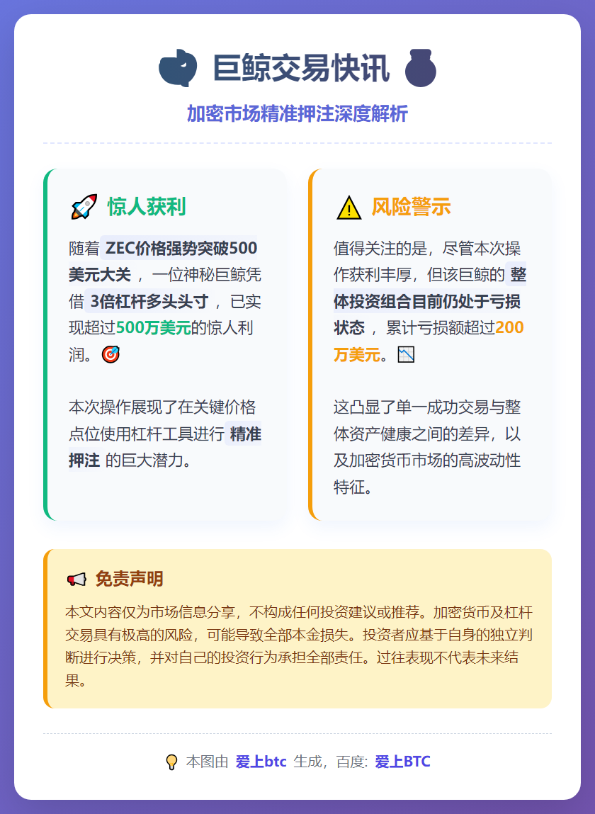 巨鲸3倍做多ZEC获利超500万美元