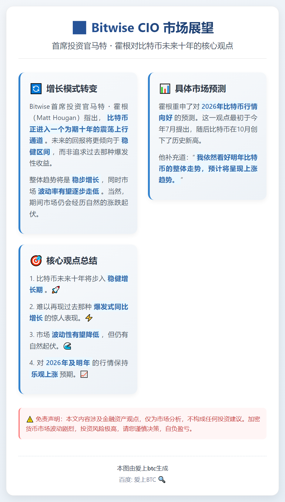 Bitwise CIO：比特币未来十年回报稳健，难现爆发式增