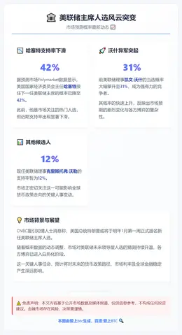 哈塞特美联储主席概率降至42% 沃什升至31%
