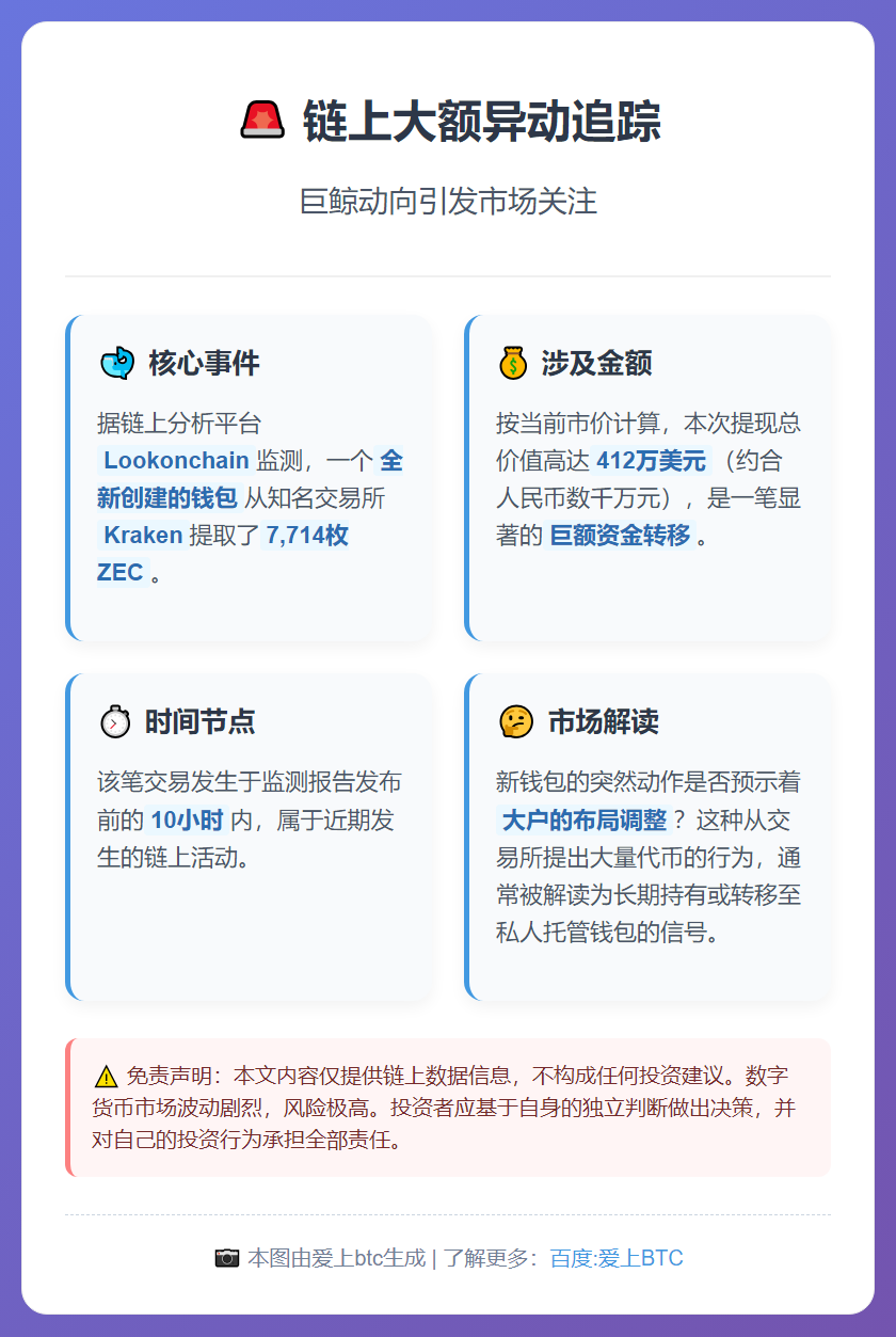 巨鲸从Kraken提取7714枚ZEC，价值412万美元
