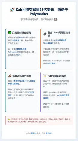 Kalshi周交易量23亿美元，两倍于Polymarket