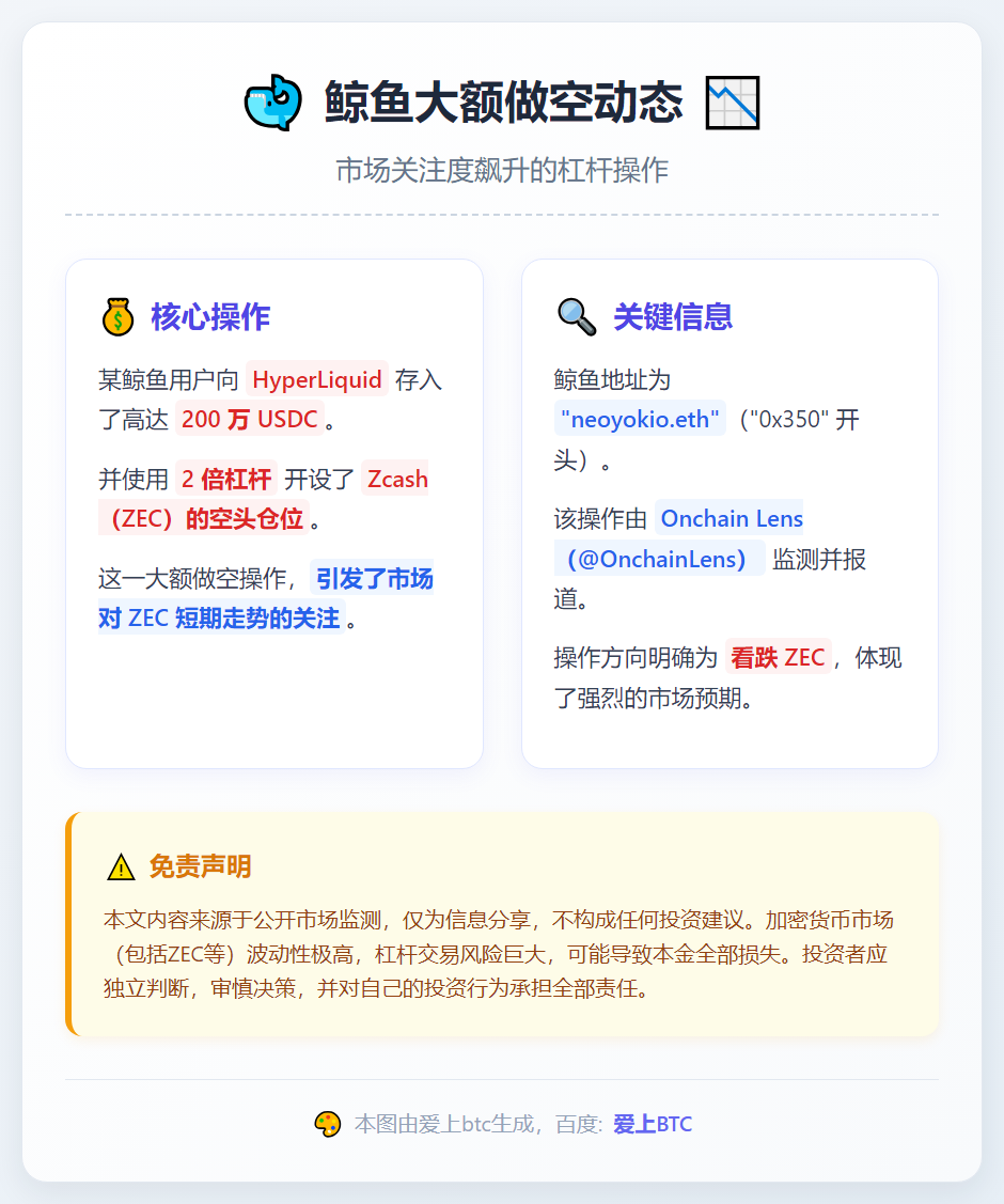 鲸鱼存入200万USDC，2倍做空ZEC