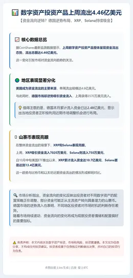 数字资产投资产品上周流出4.46亿美元