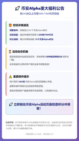 币安：持241分以上可领1000 TIMI
