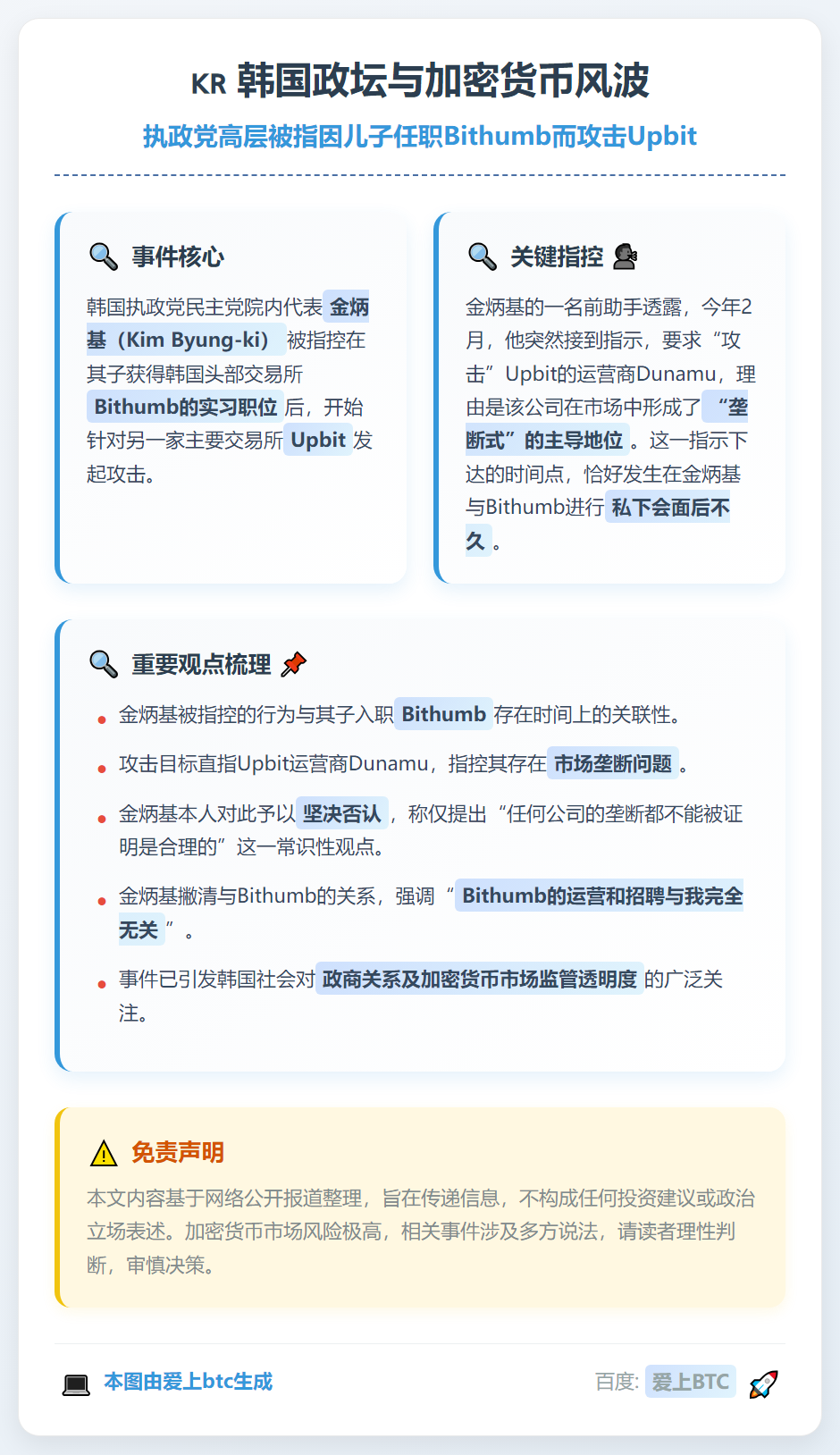 韩执政党代表被指因儿子任职Bithumb攻击Upbit