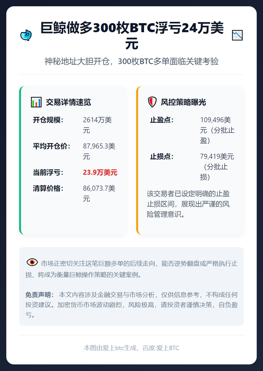 巨鲸做多300枚BTC浮亏24万美元