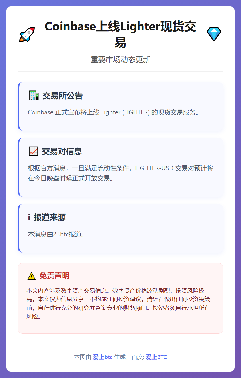 Coinbase上线Lighter现货交易