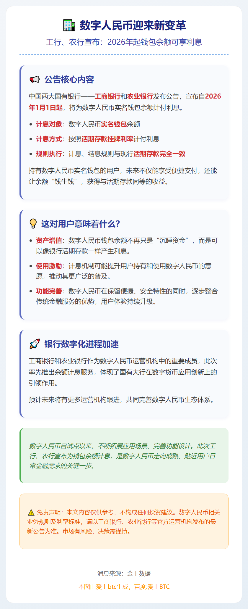 工行农行：数字人民币钱包2026年起计息