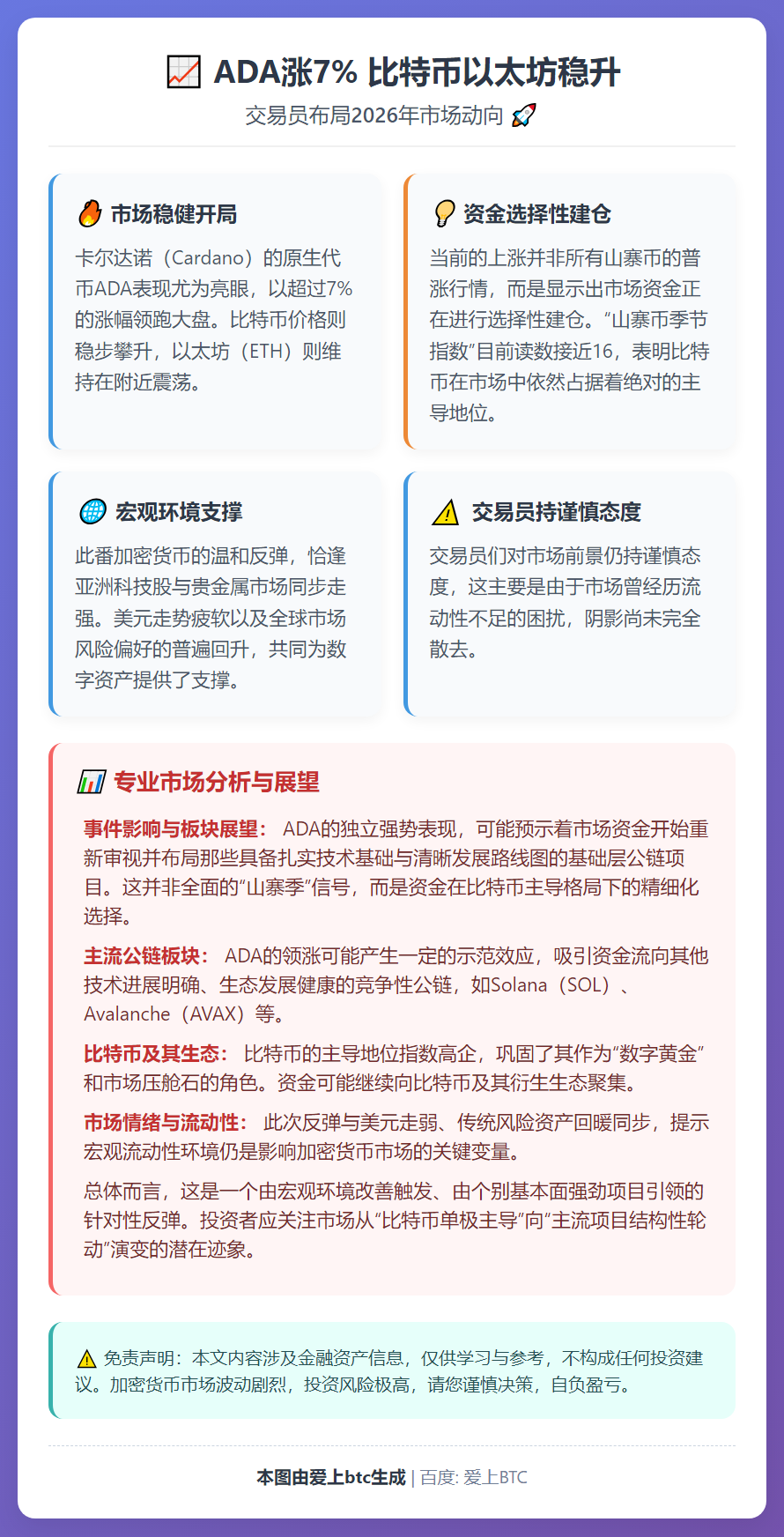 ADA涨7% 比特币以太坊稳升 交易员布局2026