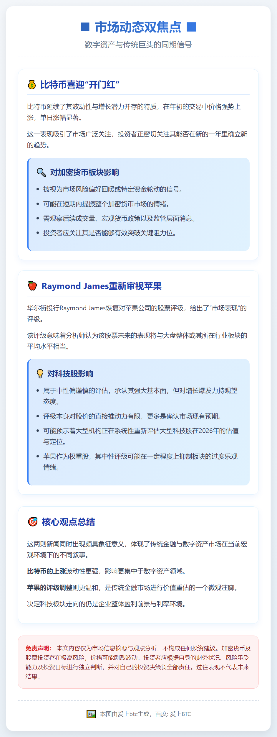 比特币上涨，Raymond James恢复苹果报道