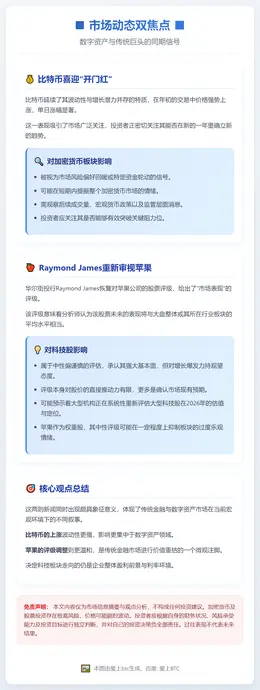 比特币上涨，Raymond James恢复苹果报道