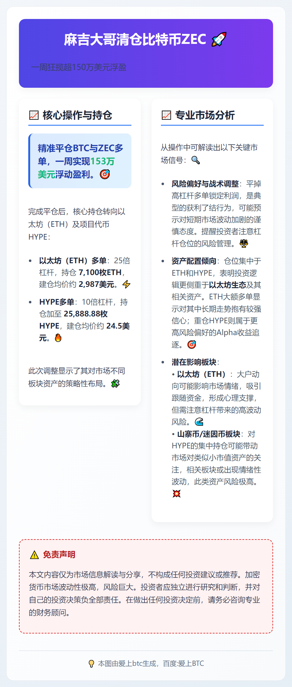 麻吉大哥清仓比特币ZEC，周赚超150万美元