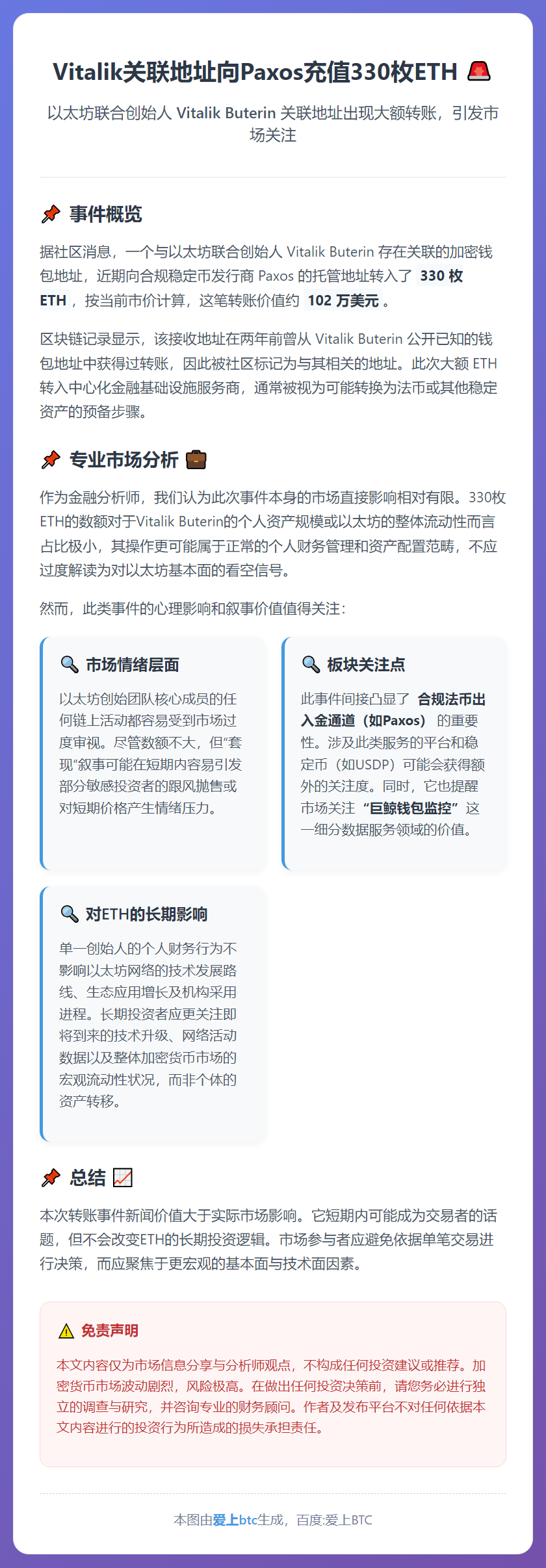 Vitalik关联地址向Paxos充值330枚ETH