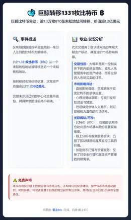 巨鲸转移1331枚比特币