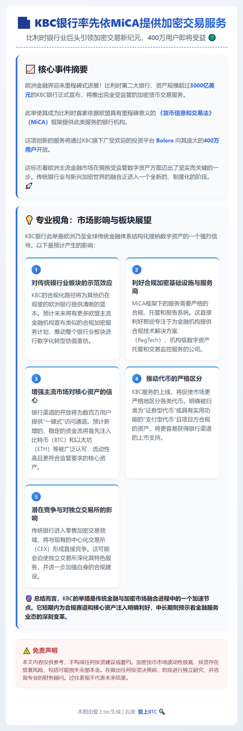 KBC银行率先依MiCA提供加密交易服务