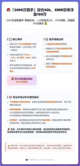 「2000万猎手」加仓SOL、XMR空单浮盈160万