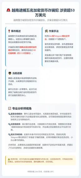 越南逮捕五名加密货币诈骗犯 涉资超53万美元