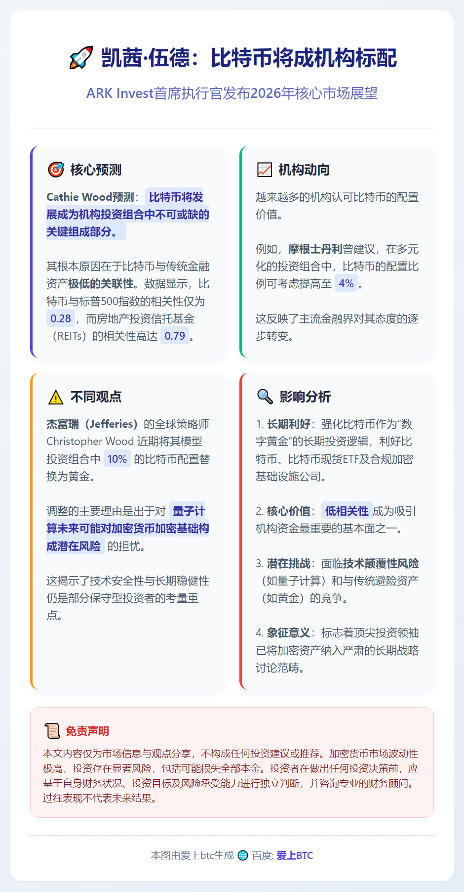 凯茜·伍德：2026年比特币将成机构标配
