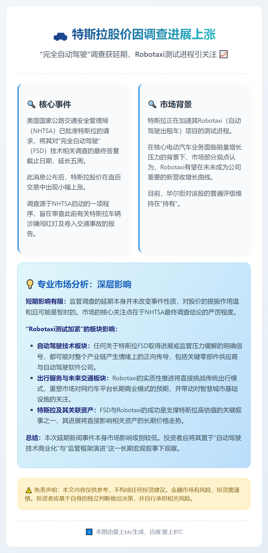 特斯拉股价因调查进展上涨